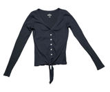 Hollister Black Ribbed V Neck Button Front Tie Waist Long Sleeve Top Medium Y2K Photo 0