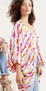Anthropologie Tie Dye Kimono Open Front Pink Yellow White Bohemian Cover‎ Up Photo 0