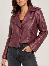 AKIRA Burgundy Croc Embossed Faux Leather Moto Jacket Belted Biker Coat. Size L Photo 0