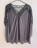 Free People Lola Long Sleeve V-Neck Top Gray Lace Mesh Trim Size L Photo 0