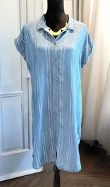 Oso Casuals‎ dress Short sleeve M Blue White Striped Button Front Pleated Back Photo 0