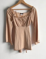 Y Generation Peach Smocked Peplum Top Long Sleeve Ruffle Square Neck Medium‎ Photo 0