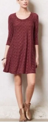 Anthropologie Swing Dress Knit Casual 3/4 Sleeve Pockets Maroon Size Small Photo 0