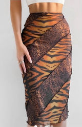 Urban Outfitters Mesh Animal Print Patchwork Midi Skirt Women's Size S Tan Y2K Photo 0