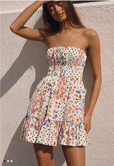 Anthropologie Somerset Strapless Mini Dress Floral Polka Dot Smocked Neutral S Photo 0