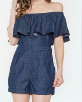 Storee Dark Chambray Off Shoulder Shorts Romper 100% Cotton Navy Small. Like new. Stretchy band around upper arms. Zipper on side. No stretch in body but stretchy waist. Pockets. 14” bust 21” rise 3” inseam Photo 0