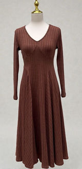 Halara Dress Sz Sm Ribbed Knit Flare Long Sleeve Flowy Casual Brown Minimalist‎ Photo 0