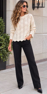 Worthington 100% Cotton Cream Scalloped-Hem Openwork Crewneck Sweater Photo 0