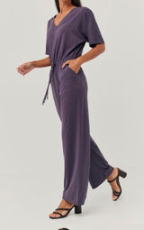 Pact Revive Organic Cotton V-Neck Short Sleeve Drawstring Jumpsuit Purple Small Photo 0
