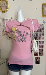 Disney Winnie The Pooh Pink Graphic Baby Tee T-Shirt Women Size Small Floral Cot Photo 0