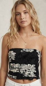 Free People Tube Top Women L Black Floral Strapless Smocked Mesh OB1174031 Photo 0