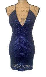 PromGirl Royal Blue Sequin Bodycon Mini Dress Plunge V-Neck Lace Up Back Small Photo 0