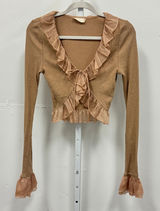 Altar'd State Y2K Inspired Tan Ribbed Ruffle Tie Front Crop Top Long Sleeve Med Photo 0