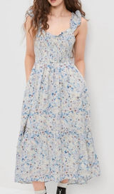 American Eagle Womens Blue Floral Flutter Sleeve Smocked Open Back Dress Large Photo 0