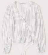 Abercrombie White and Black Striped Wrap Front Bodysuit Photo 0