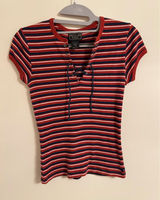 Vintage Y2K Abercrombie & Fitch Lace-Up Striped Baby Tee Rare Medium red blue‎ Photo 0