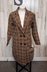 Tanning Plaid Blazer Coat Size Small Double Breasted Wool Blend Longline Jacket Photo 0