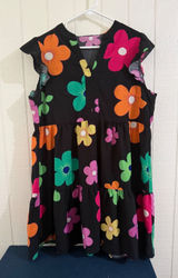 Women XL Black Floral Flutter Sleeve Tiered Babydoll Mini Dress V-Neck Photo 0