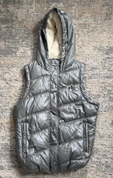 Y2K American Eagle Outfitters shiny metallic silver puffer vest faux fur hood Photo 0