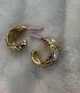 Gold Hoop Earrings with Pearl Accent Photo 0