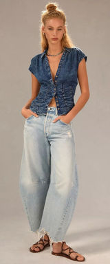 Anthropologie Pilcro Women Cotton Denim Top XS Blue Ruched Button Western Boho Photo 0