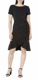 Calvin Klein Black Wrap Ruffle Tie-Waist Crepe Dress Size 4 Photo 0