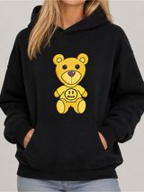 Yellow Teddy Bear Mascot Graphic Black Pullover Hoodie Sweatshirt | Size M Photo 0