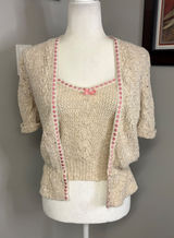 Vintage Style Crochet Knit Cardigan and Camisole Set Beige Pink Ribbon Trim Photo 0