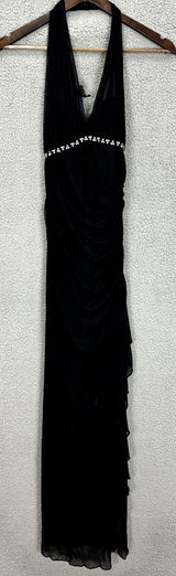 Cache Halter Maxi Dress Womens 2 Black Rhinestone Ruched Y2K Formal Prom Gown Photo 0