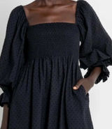 Kourt Black Clip Dot Smocked Puff Sleeve Mini Dress Women XL Cotton Square Neck Photo 0