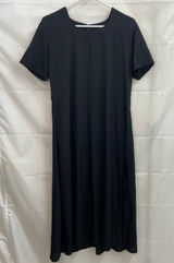 Vintage women's black scoop‎ neck short sleeve casual modest kurta slit dress L Photo 0