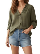 FREE PEOPLE Changing Horizons V Neck Top Sz S Olive Green Gauze Oversize Boho Photo 0