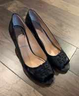 Tory Burch Navy Patent Lowell Peep Toe Wedge Heels Sz 7.5 Photo 0