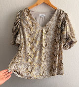 THML Cobra Metallic Snake Short Sleeve Top Gold V-Neck Puff Sleeve Blouse M Photo 0