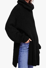 Free People Black Chunky Knit Turtleneck Sweater Oversized XS Side Slit Photo 0