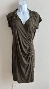 Carmen Marc Valvo‎ Olive Faux Leather Gold Grommets Wrap Dress Large Photo 0