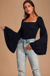 Free People Black Long Sleeve Top Babetown Black Bell Sleeve Size Small Photo 0