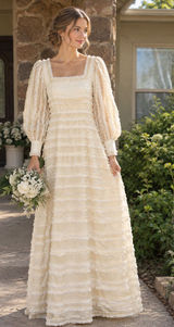 vintage 70s pale yellow maxi dress sheer ruffled tiers and long puff sleeves Photo 0