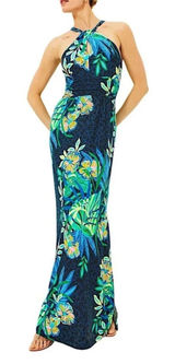 Lilly Pulitzer Orla Halter Maxi Dress Medium Navy Blue Floral Tropical Preppy Photo 0