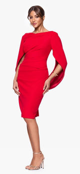 Betsy & Adam Jordan Cape Sleeve Crepe Sheath Midi Dress Size 12 Red Cocktail Photo 0