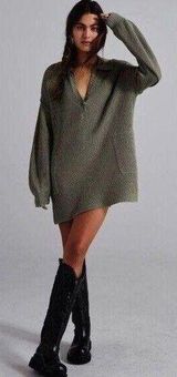 Free People Beach Picnic Sweater Mini Dress Olive Sage Green Linen Small Photo 0