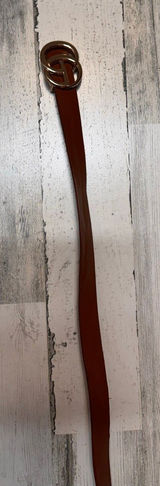 Cognac Brown Faux Leather Skinny Belt Gold Double Circle Ring Buckle Womens Photo 0