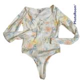 PINK Victoria's Secret Floral Ribbed Long Sleeve Henley Bodysuit Women's‎ S Photo 0