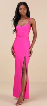 Jadine Hot Pink Slinky Knit Ruched Lace-Up Mermaid Maxi Dress Photo 0