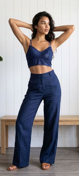 Navy Blue Floral Lace Bralette Crop Top Double Spaghetti Strap V-Neck Scalloped Photo 0