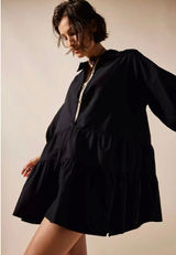 Free‎ People Misha Tunic Shirt Dress Black Tiered Ruffle Balloon Sleeve Small Photo 0