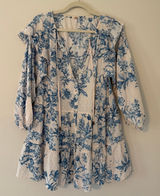 Free People Blue Floral Ruffle‎ Tiered Bib Mini Dress Long Sleeve Cotton Size XS Photo 0