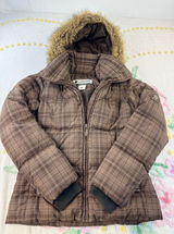 Columbia Womens Brown Plaid Down Puffer Jacket Faux Fur Hood Size M Photo 0