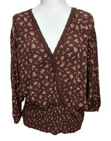 Maurices Boho Floral Blouse Brown Smocked Waist Surplice Neck‎ Cottagecore XXL Photo 0