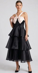 Lulus NWT Women Small Black Cream Satin Ruffle Tiered Midi Dress Balletcore Chic Photo 0